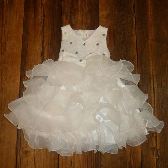White Flower Toddler Girl Dress Ruffle Tulle Skirt Fancy Formal Sparkly 2/3 - Picture 1 of 8